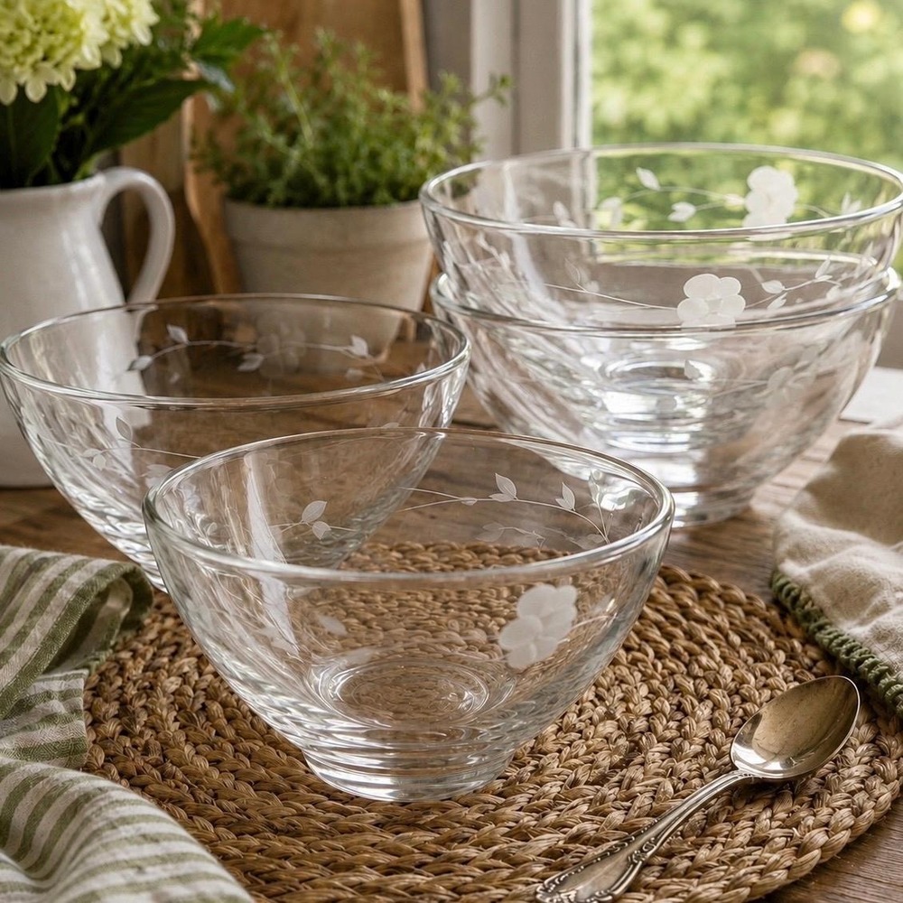 Set Of 4 VTG Princess House Heritage Etched Tempered Soup Cereal Bowls Floral